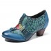 SOCOFY Cowgirl Hand Painted Retro Flowers Pattern Rivet Genuine Leather Low Heel Slip On Pumps