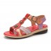 Socofy Genuine Leather Comfy Summer Vacation Bohemian Ethnic Floral Print Hook   Loop T  Strap Sandals