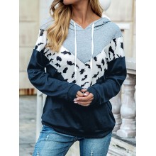 Women Contrast Color Stitch Hooded Drawstring Long Sleeve Hoodie
