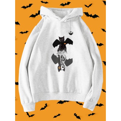 Women Halloween Cartoon Skeleton Cat Pattern Long Sleeve Hoodie