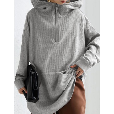 Women Long Solid Color Front Pocket Loose Retro Hooded Sweatshirt