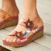 Socofy Genuine Leather Comfy Halcyon Beach Vacation Bohemian Ethnic Floral Decor Wedges Sandals