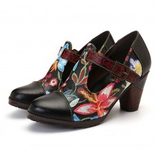 SOCOFY Folkways Colorful Flowers Stitching Genuine Leather Retro T  Strap Dress Pumps For Women