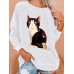 Women Cute Cat Graphics Round Neck Casual Raglan Sleeve Sweatshirts