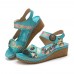 Socofy Genuine Leather Comfy Summer Vacation Bohemian Ethnic Floral Hook   Loop Wedges Sandals