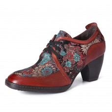 SOCOFY Retro Embroidery Flowers Genuine Leather Graceful Zipper Pumps