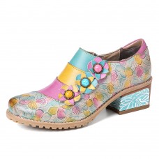 SOCOFY Bohemian Bloom Polychromatic Embossed Flower Splicing Floral Genuine Leather Pumps