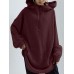 Women Long Solid Color Front Pocket Loose Retro Hooded Sweatshirt