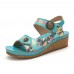 Socofy Genuine Leather Comfy Summer Vacation Bohemian Ethnic Floral Hook   Loop Wedges Sandals