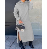 Women Solid Split Drawstring Long Sleeve Casual Ankle Length Hooded Sweatshirts