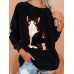 Women Cute Cat Graphics Round Neck Casual Raglan Sleeve Sweatshirts