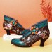 SOCOFY Lace Genuine Leather Splicing Floral Low Heel Elegant Pumps