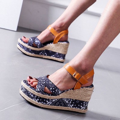 Large Size Women Casual Summer Vacation Floral Print Espadrilles Wedges Sandals