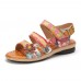 Socofy Genuine Leather Comfy Summer Vacation Bohemian Ethnic Floral Hook   Loop Slide Sandals