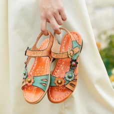 Socofy Genuine Leather Comfy Summer Vacation Bohemian Ethnic Floral Decor Hook   Loop Slide Sandals