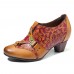 SOCOFY Cowgirl Hand Painted Retro Flowers Pattern Rivet Genuine Leather Low Heel Slip On Pumps