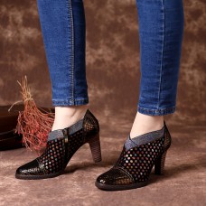 SOCOFY Comfy Genuine Leather Colorful Wave Dot Stitching Zipper High Heel Pumps