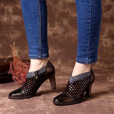 SOCOFY Comfy Genuine Leather Colorful Wave Dot Stitching Zipper High Heel Pumps