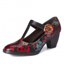 SOCOFY Retro Florals Embroidery Flowers Leather Low Heel T  strap Hook Loop Pumps