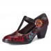 SOCOFY Retro Florals Embroidery Flowers Leather Low Heel T  strap Hook Loop Pumps
