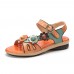 Socofy Genuine Leather Comfy Summer Vacation Bohemian Ethnic Floral Decor Hook   Loop Slide Sandals