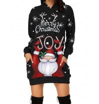 Women Christmas Santa Claus Pattern Side Pockets Long Sleeve Casual Hooded Sweatshirt