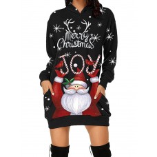 Women Christmas Santa Claus Pattern Side Pockets Long Sleeve Casual Hooded Sweatshirt