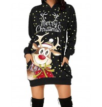 Women Christmas Cartoon Pattern Pocket Print Star Spot Long Sleeve Hooded Sweatshirt