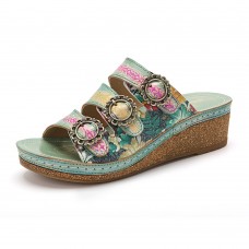 Socofy Genuine Leather Comfy Halcyon Beach Vacation Bohemian Ethnic Embellished Wedges Sandals