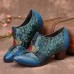 SOCOFY Cowgirl Hand Painted Retro Flowers Pattern Rivet Genuine Leather Low Heel Slip On Pumps