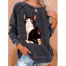 Women Cute Cat Graphics Round Neck Casual Raglan Sleeve Sweatshirts