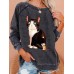 Women Cute Cat Graphics Round Neck Casual Raglan Sleeve Sweatshirts