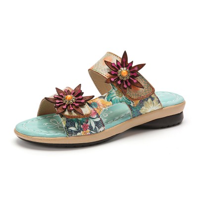 Socofy Genuine Leather Comfy Halcyon Beach Vacation Bohemian Ethnic Floral Decor Slide Sandals