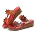 Socofy Genuine Leather Comfy Halcyon Beach Vacation Bohemian Ethnic Floral Decor Wedges Sandals