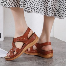 Women Casual Breathable Hollow Hook   Loop Summer Vacation Handmade Stitching Wedges Sandals