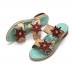 Socofy Genuine Leather Comfy Halcyon Beach Vacation Bohemian Ethnic Floral Decor Slide Sandals