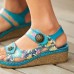 Socofy Genuine Leather Comfy Summer Vacation Bohemian Ethnic Floral Hook   Loop Wedges Sandals