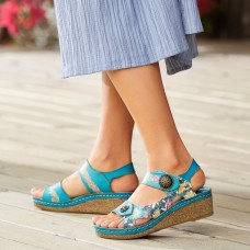 Socofy Genuine Leather Comfy Summer Vacation Bohemian Ethnic Floral Hook   Loop Wedges Sandals