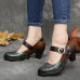 SOCOFY Leather Snakeskin Pattern Cutouts Buckle Strap Chunky Heel Pumps Mary Jane Dress Shoes