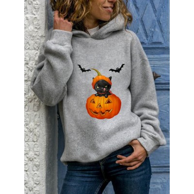 Women Halloween Cartoon Pumpkin Cat Bat Printed Long Sleeve Hoodie