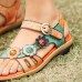 Socofy Genuine Leather Comfy Summer Vacation Bohemian Ethnic Floral Decor Hook   Loop Slide Sandals