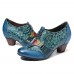 SOCOFY Cowgirl Hand Painted Retro Flowers Pattern Rivet Genuine Leather Low Heel Slip On Pumps